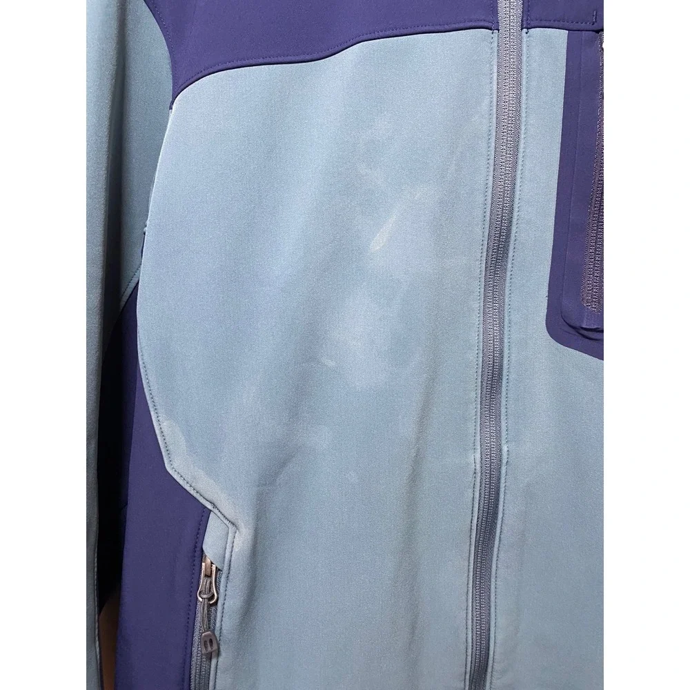 REI Mens Softshell Hooded Jacket Blue Teal Colorblock Size M‎ Fleece Lined *FLAW